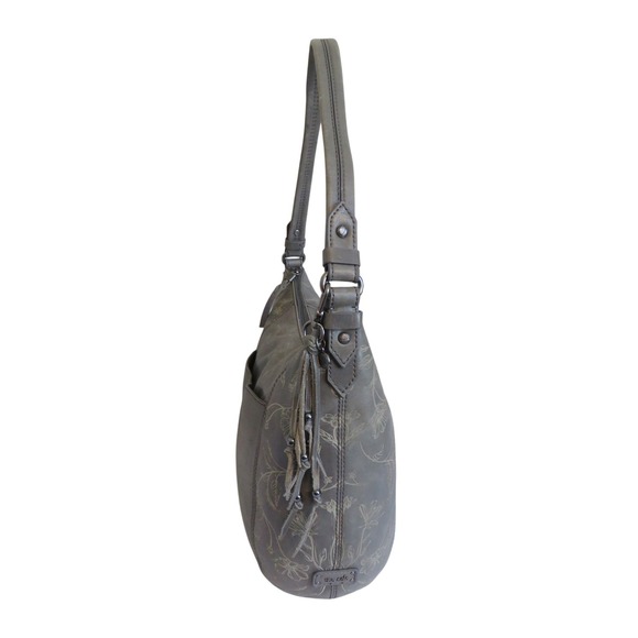 The Sak Gray Leather Handbag Floral Embossed Hobo Shoulder Bag - Picture 5 of 9